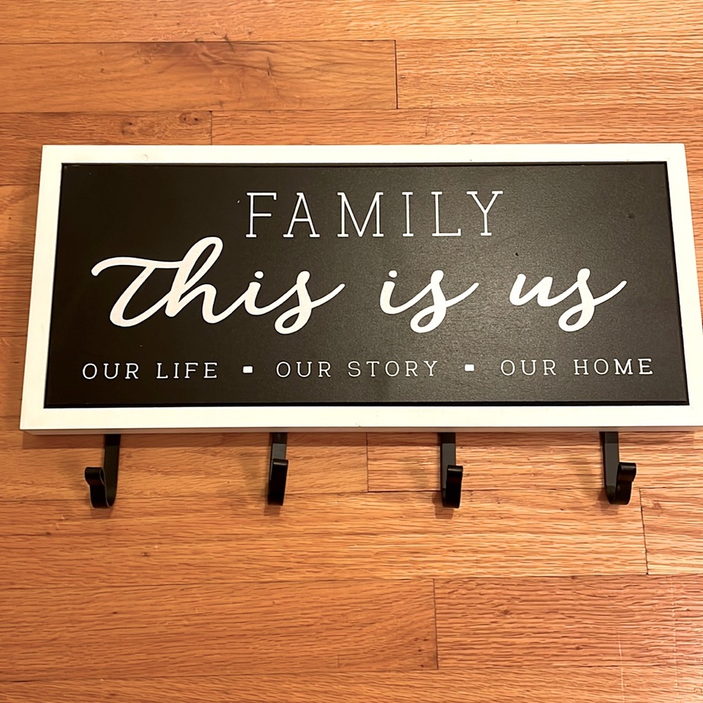 Family Wood Wall Plaque with Metal Hooks
